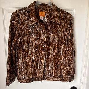 Ruby Rd Short Jacket Womens‎ 14 Faux Leather Snakeskin Animal Print Brown BxG